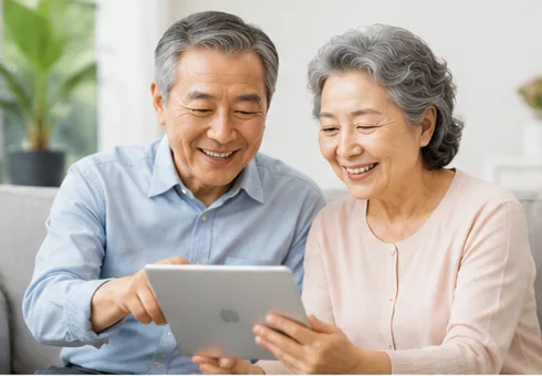 태블릿을 함께 보며 웃는 노부부